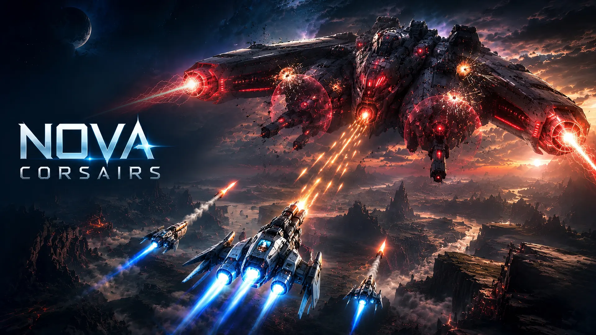 Nova Corsairs development key art showing player ships entering a space battle
